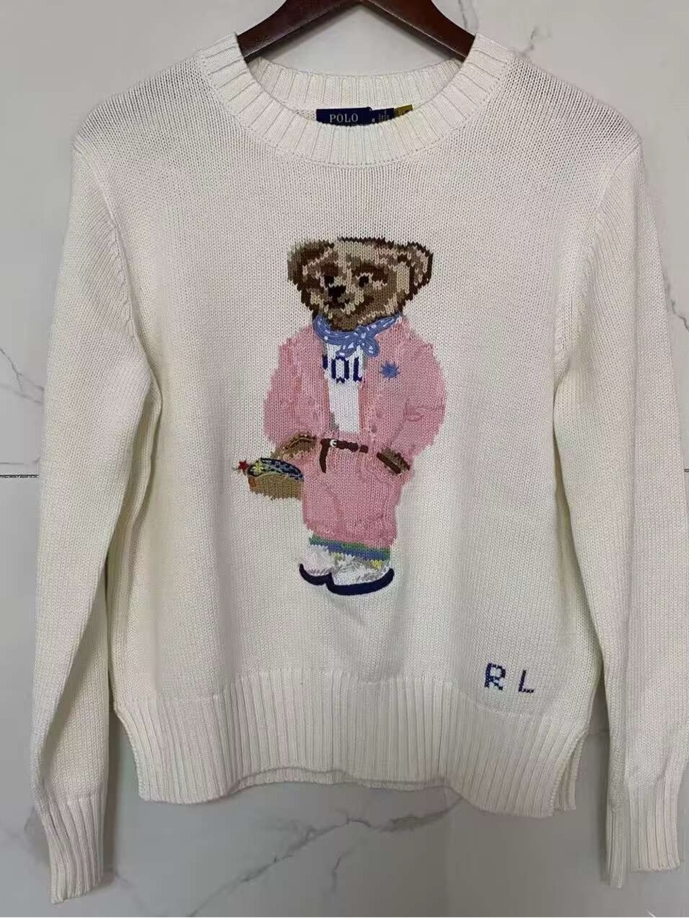 Polo by Ralph Lauren Cream Crewneck Sweater with Pink Bear Intarsia